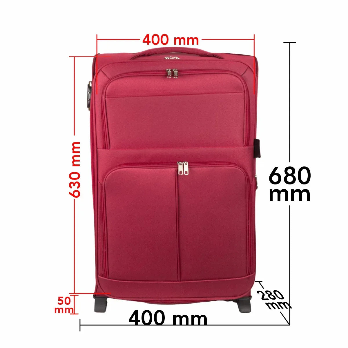 Troler voiaj Mediu, Naimeed D5977, 2 roti, material textil, inchidere cifru, Rosu, 40x28x63cm
