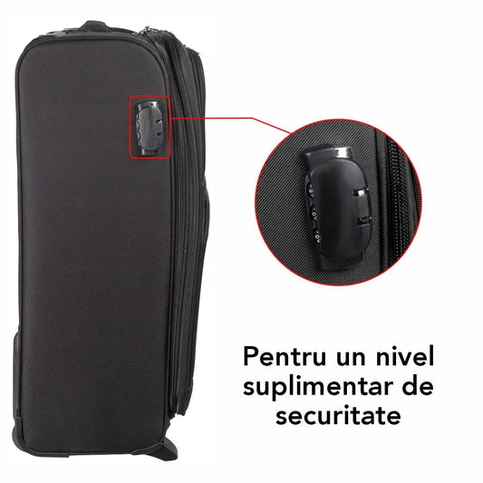Troler voiaj Mediu, Naimeed D5978, 2 roti, material textil, inchidere cifru, Negru, 40x28x63cm