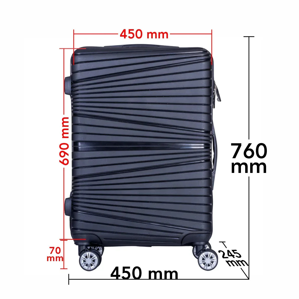 Troler voiaj Mare, Naimeed D6005, 4 roti duble 360 grade, PP, inchidere cifru, Negru, 45x24.5x69cm