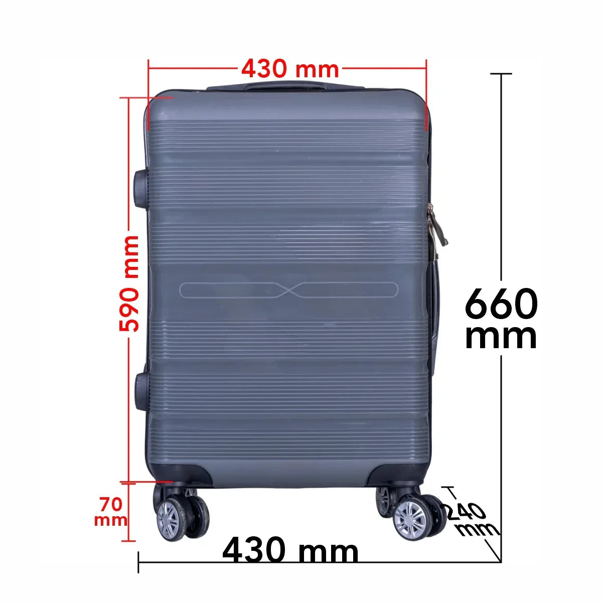 Troler voiaj Mediu, Naimeed D6020, 4 roti duble 360 grade, PP, inchidere cifru, Gri, 43x24x59cm