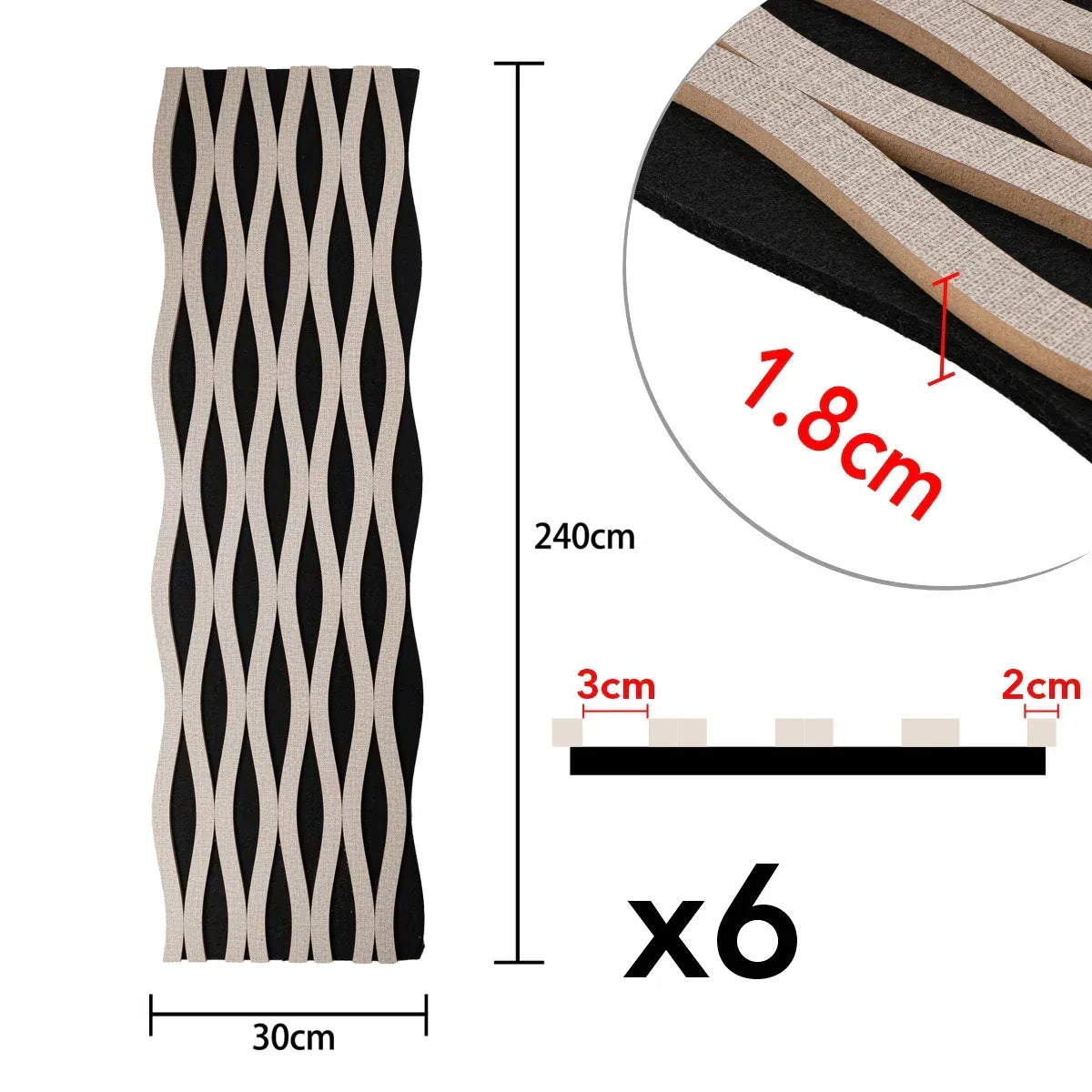 Set 6 Panouri riflaj acustic decorativ, MDF si pasla, Naimeed D6243, 240x30x1.8cm, Gri