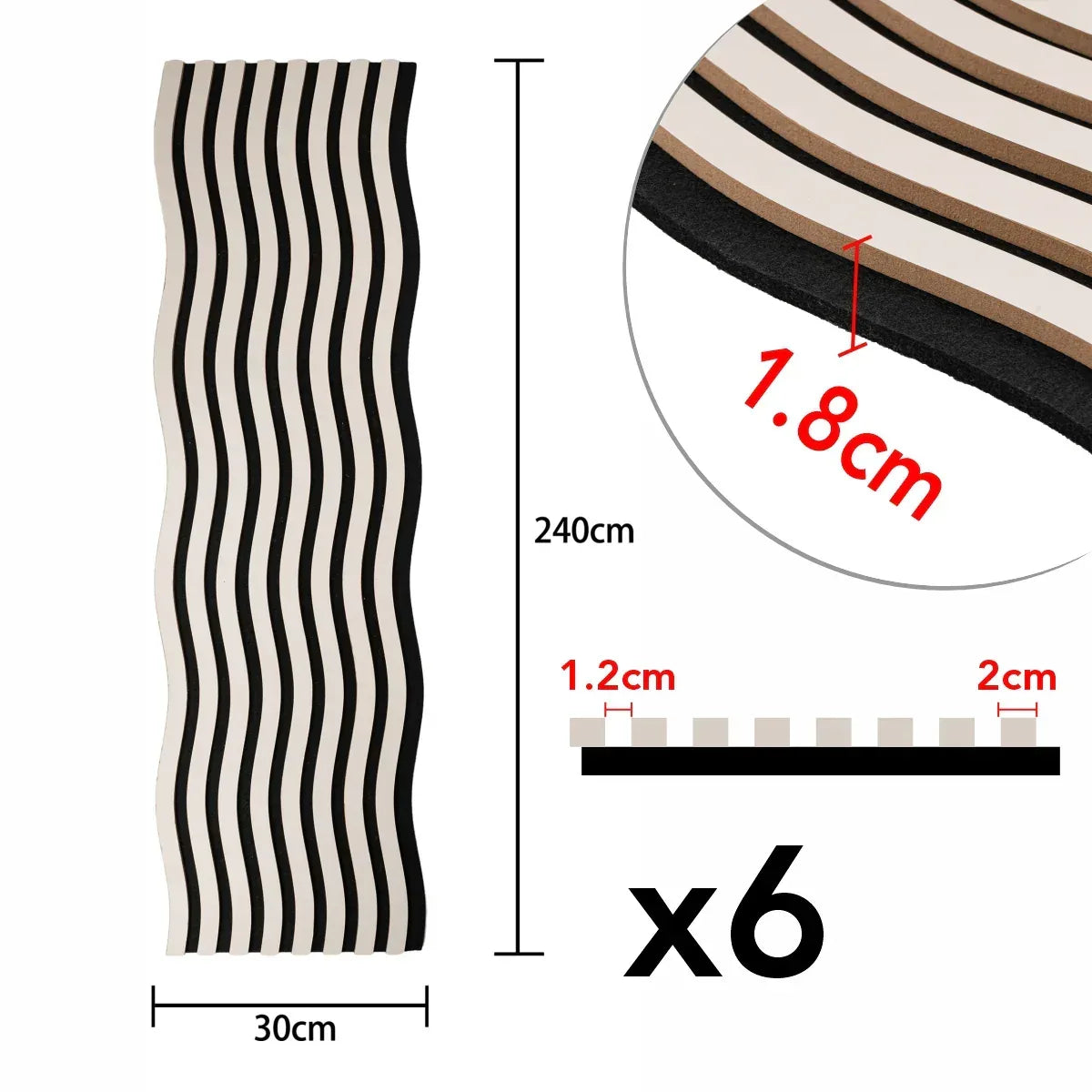 Set 6 Panouri riflaj acustic decorativ, MDF si pasla, Naimeed D6247, 240x30x1.8cm, Gri
