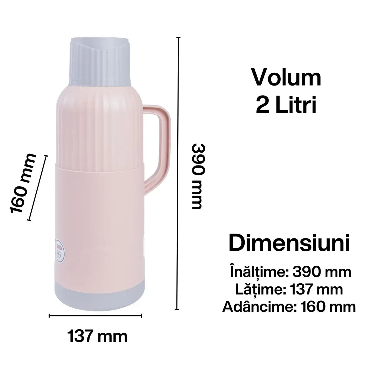 Termos, Naimeed D6422, pentru bauturi reci sau calde, Sticla si ABS, 2L, Roz, 137x390x160mm