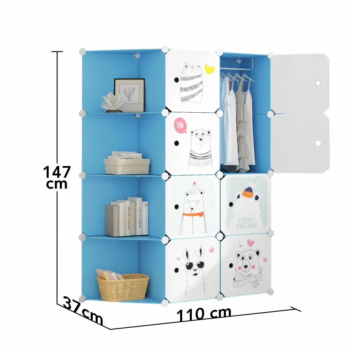 Dulap Modular, camera copii, 8 usi, Naimeed D6604, Albastru, 147x110x37 cm