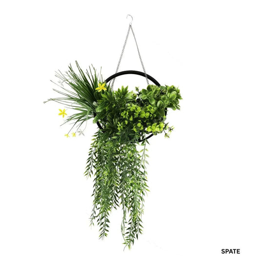Aranjament Suspendat cu Plante Artificiale pe Disc Decorativ Negru, Naimeed D7447, diametru 30 cm