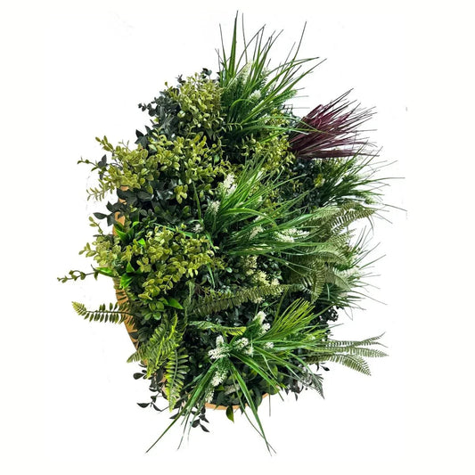 Aranjament decorativ, de perete, cu ramă din aluminiu și plante artificiale Naimeed D7466, diametru 75 cm