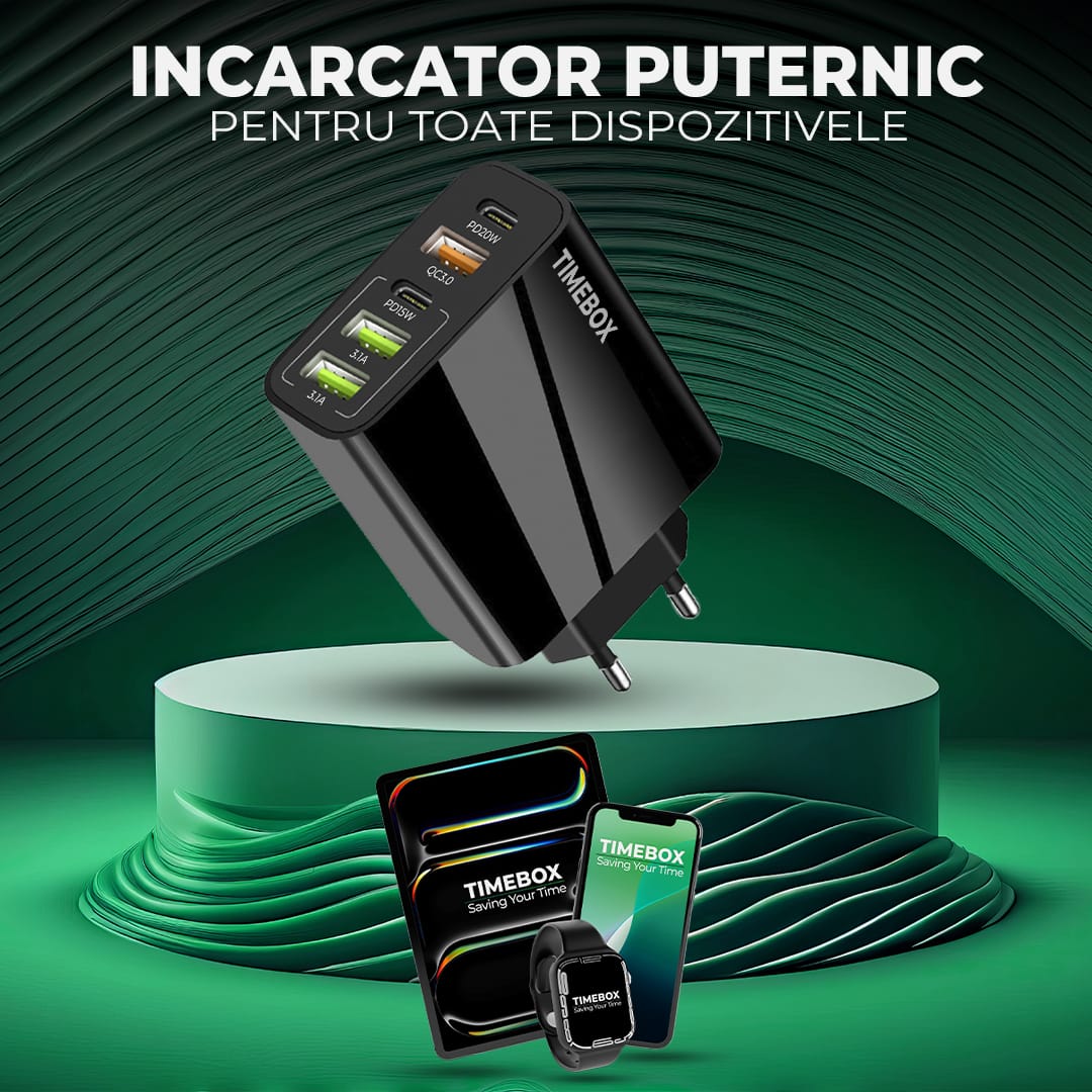 Incarcator Retea, 65W, 5 Porturi, 3 x USB, 2 x Type-C, Negru