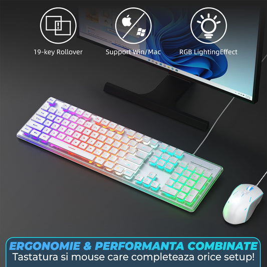 Kit Tastatura, Mouse Gaming RGB, 104 Taste Subtiri cu Functii Multimedia, Alb