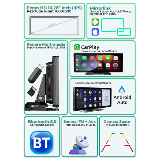 Navigatie Auto Timebox, Apple CarPlay, Android Auto, Wireless, USB 2, Aux