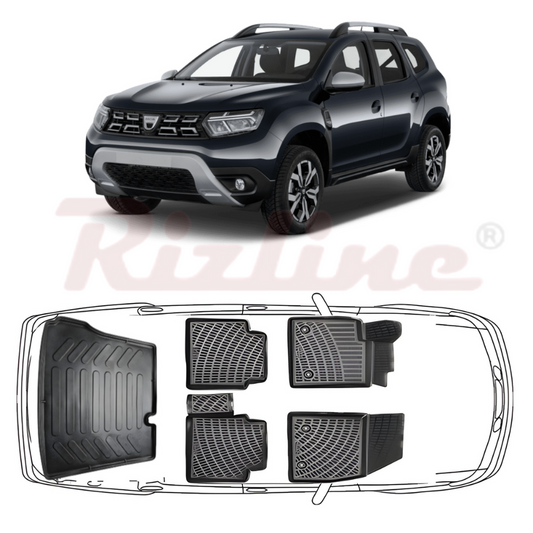 Set complet Rizline Dacia Duster 2018–2022 4x2 Prestige – Covorașe față, spate și tăviță portbagaj