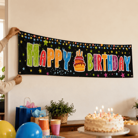Banner aniversar cu imprimeu Happy Birthday colorat și steluțe
