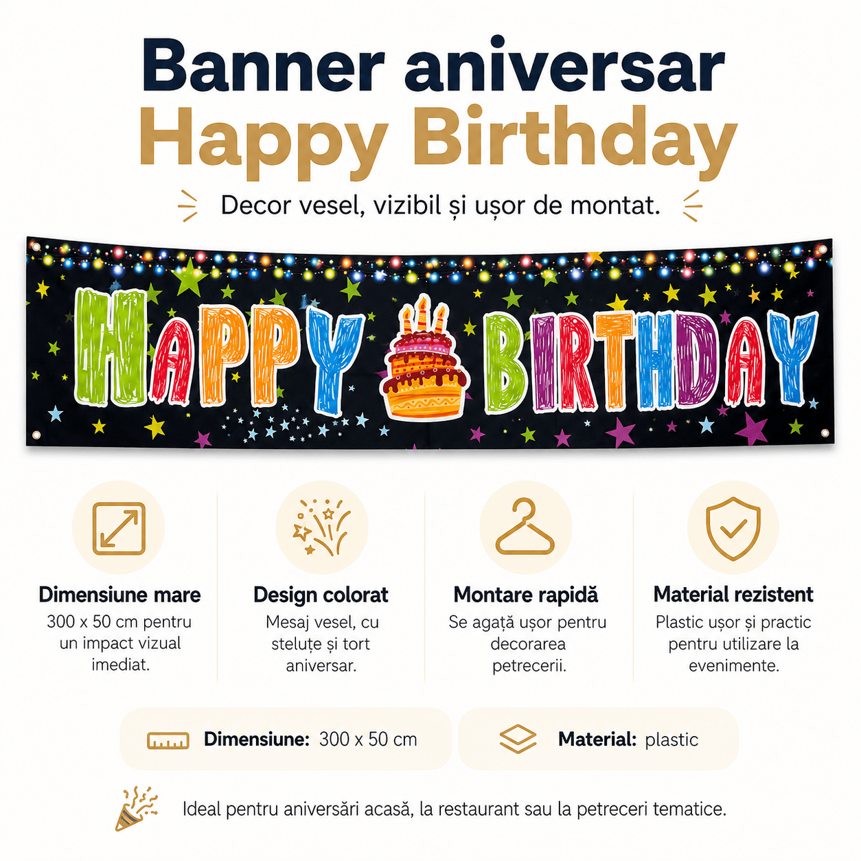 Banner aniversar cu imprimeu Happy Birthday colorat și steluțe
