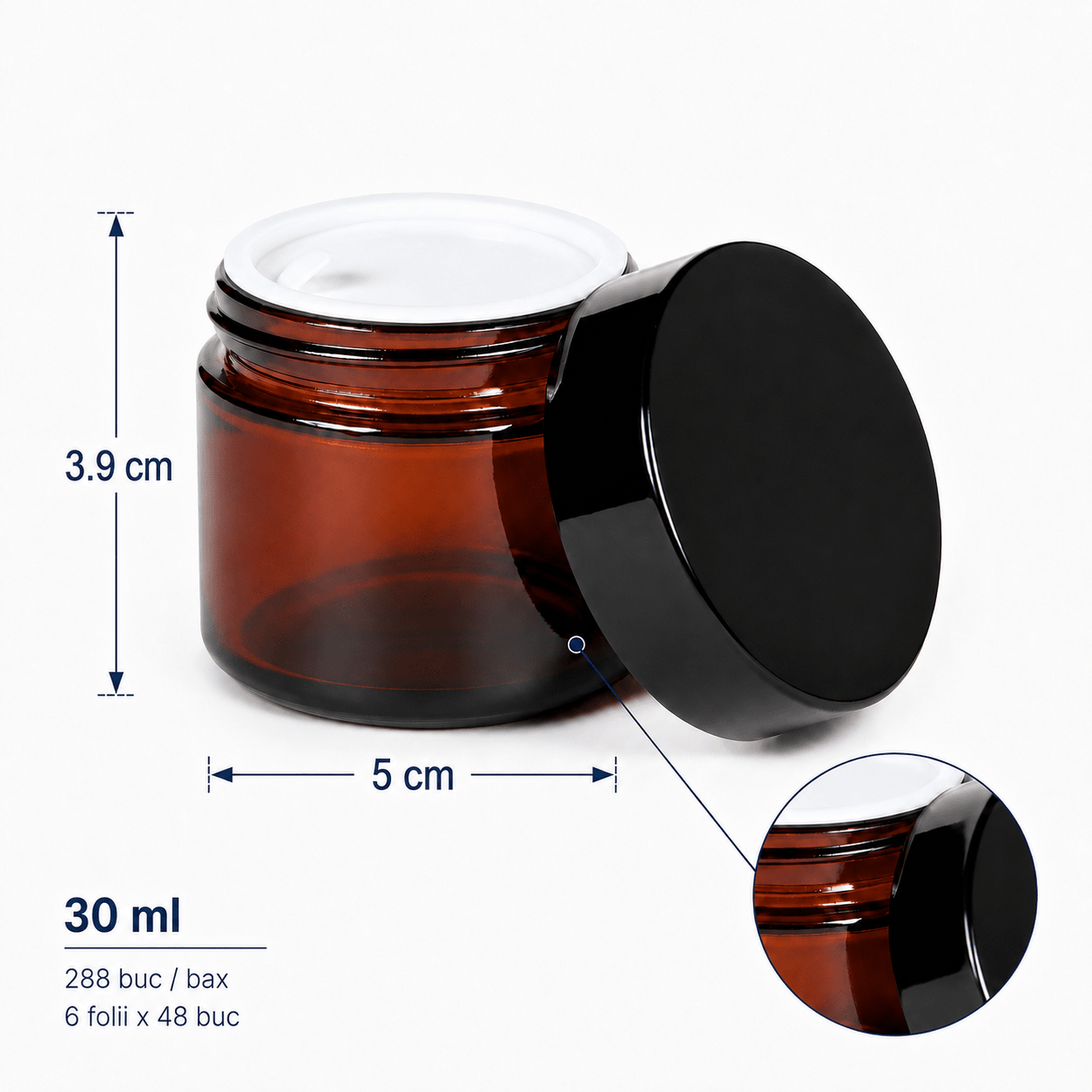Borcan rotund ambră cu capac negru 30ml