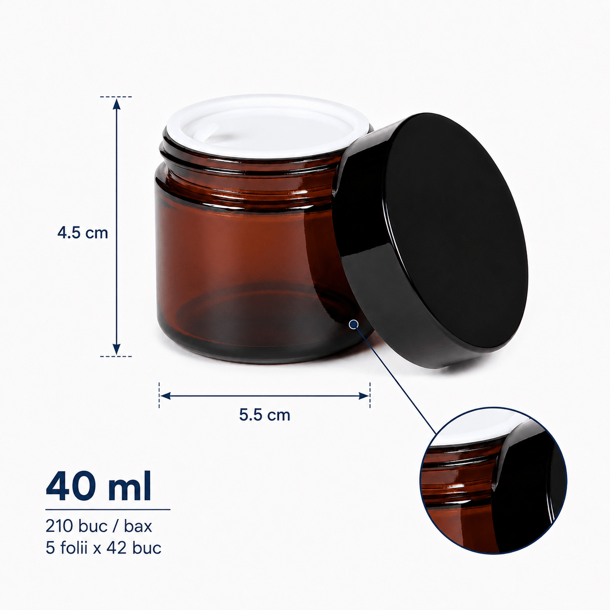 Borcan rotund ambră cu capac negru 40ml