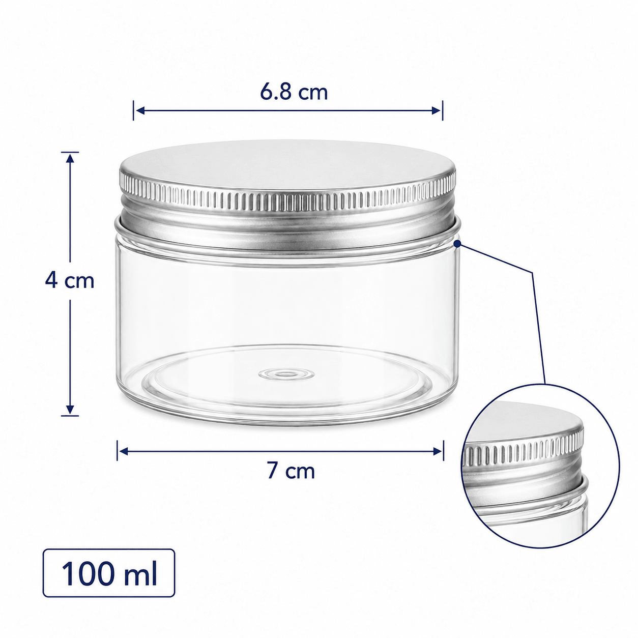 Borcan rotund transparent cu capac aluminiu