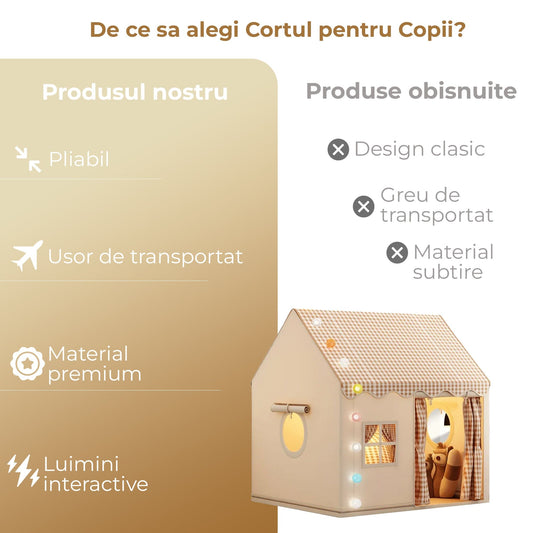 Casuta de Joaca pentru Copii, Cort Pliabil Tip Casa, Asamblare Rapida, Bej