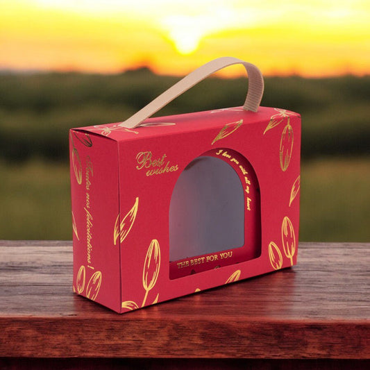 Cutie dreptunghiulară cu ferestră arcadă și mâner din piele - roșu (set 50 buc) 17x6x12cm