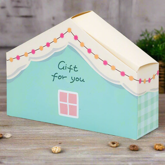 Cutie hârtie în formă de casă cu mesaj "Gift for you" - turcoaz (set 10 buc) 4x14x10cm