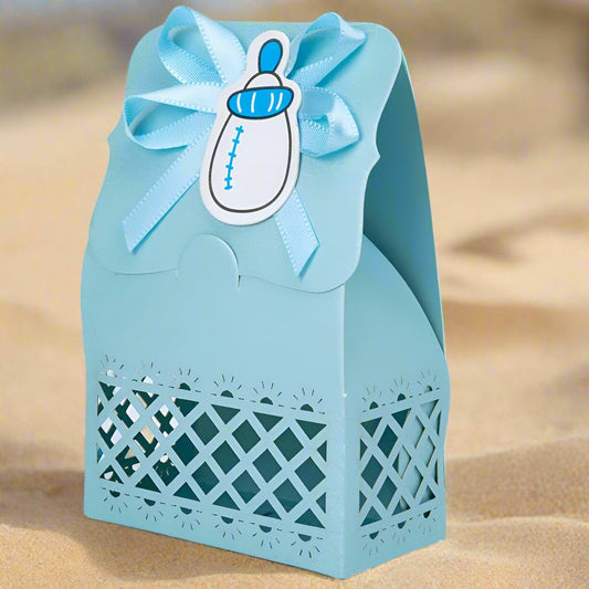 Cutie hârtie model Baby Shower cu panglică - albastru (set 12 buc) - 6.4x3.5x10.2cm