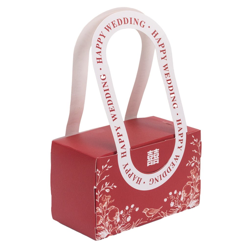 Cutie model floral cu mâner și mesaj Happy wedding - roșu (set 25 buc) - 10x6x5cm