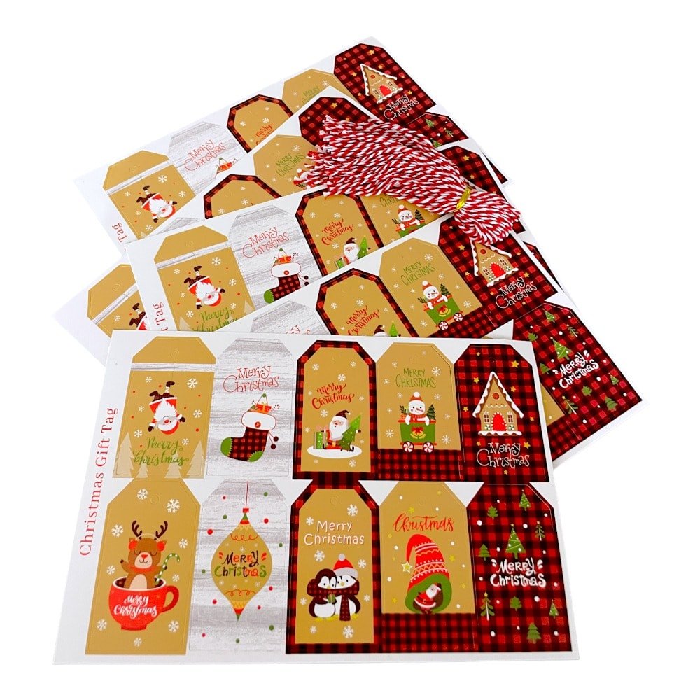 Etichete dreptunghiulare Crăciun cu șnur - model 4 (set 50 buc)