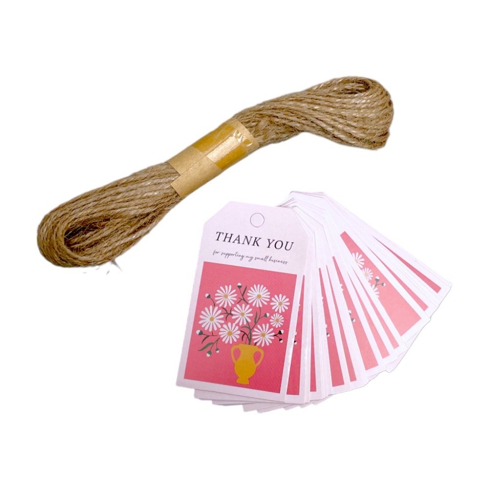 Etichete dreptunghiulare cu flori și mesaj Thank you 4x7cm - model 1 (set 50 buc)