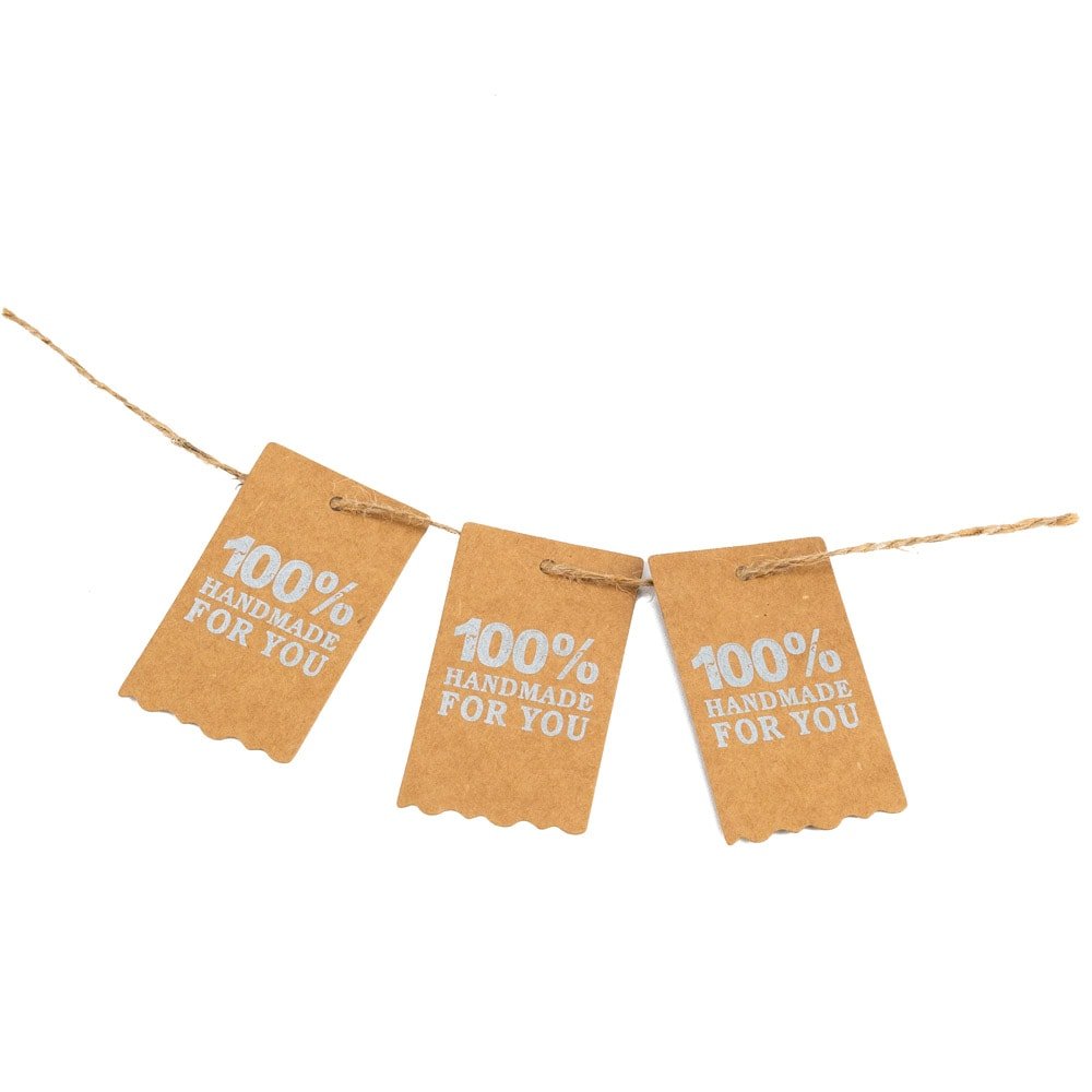 Etichete dreptunghiulare cu sfoară și mesaj 100% Handmade for you - kraft (set 100 buc)