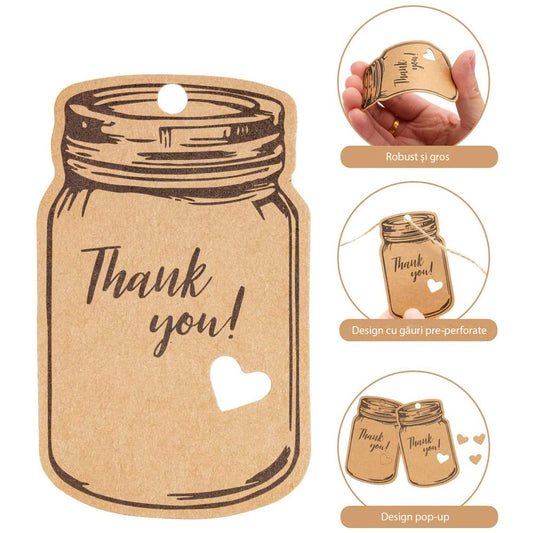 Etichete model borcan cu mesaj Thank you și sfoară iută - kraft (set 50 buc)
