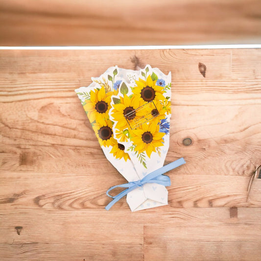 Felicitare hârtie cu panglică model buchet de flori - albastru (set 10 buc)