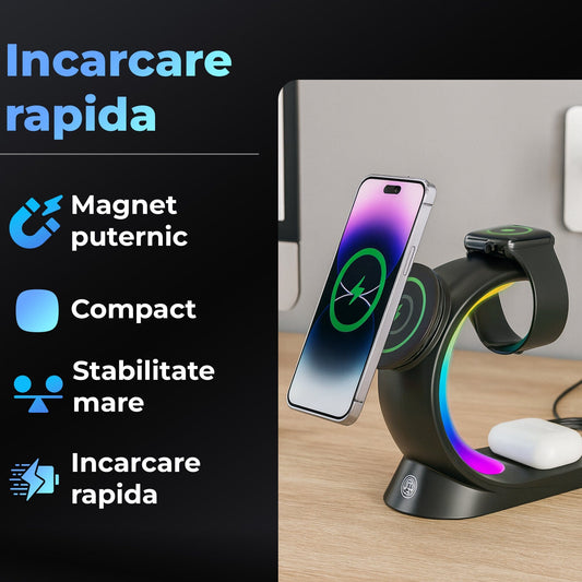 Incarcator Wireless Timebox, 15W, 3 In 1, Magsafe, Android, Samsung, Airpods