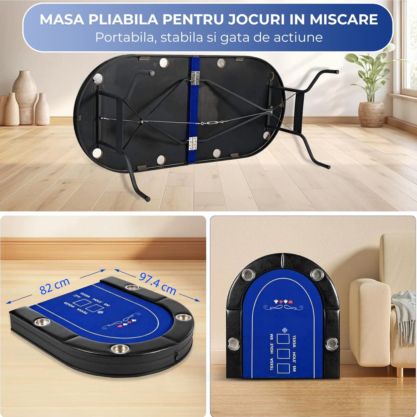 Masa de Poker Pliabila Timebox, 8 Jucatori, Albastru