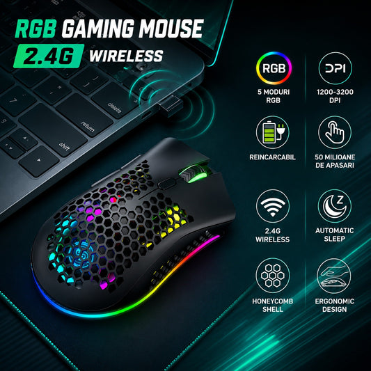 Mouse gaming wireless Timebox, ultrausor 95g, FastCharge, USB, 4 GHz, Negru