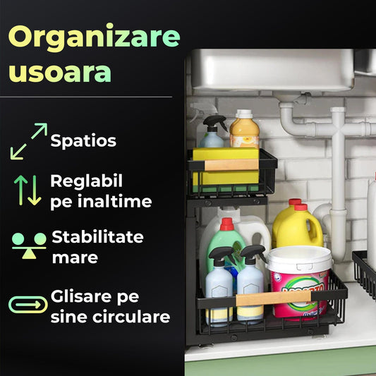 Set 2 Organizatoare Metalice cu Sertar Glisant pentru Dulap, 2 Niveluri