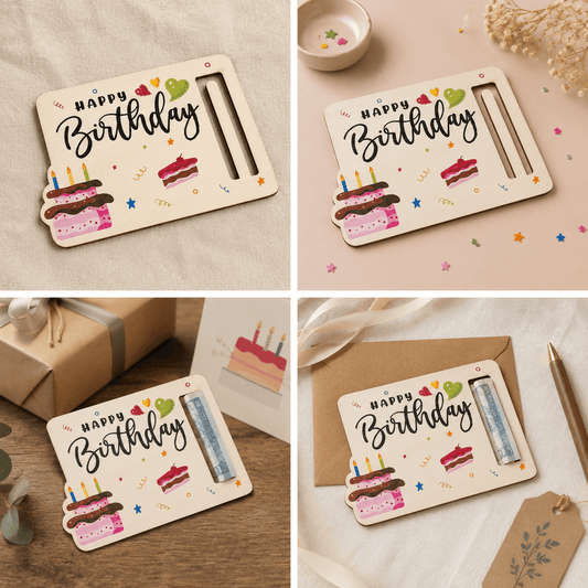 Plăcuță din lemn pentru bani Happy Birthday