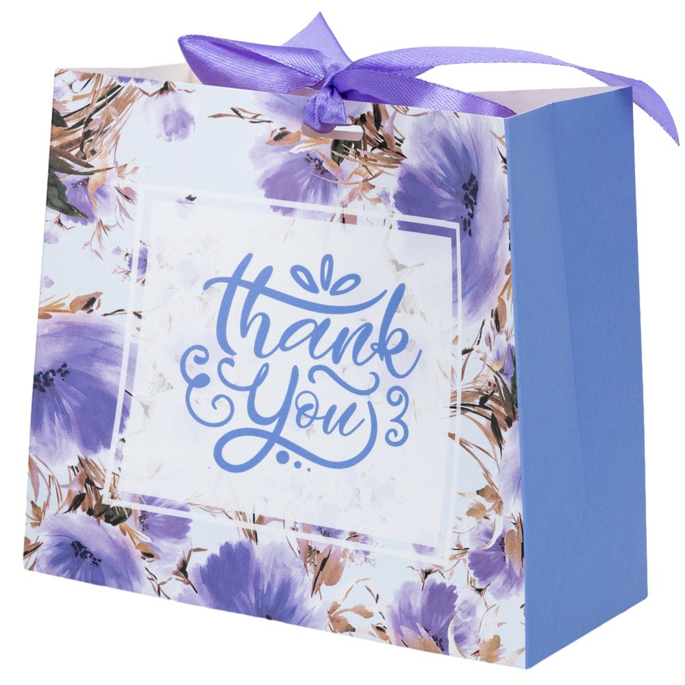 Pungă dreptunghiulară din hârtie Thank you cu model floral și panglică - mov (set 12 buc) - 16x14x7cm