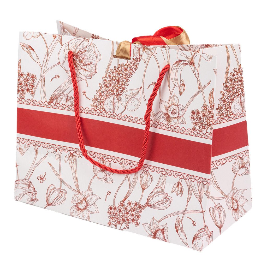 Pungă model floral cu 2 panglici colorate și mâner din sfoară - roșu (set 10 buc) 25x12x20cm