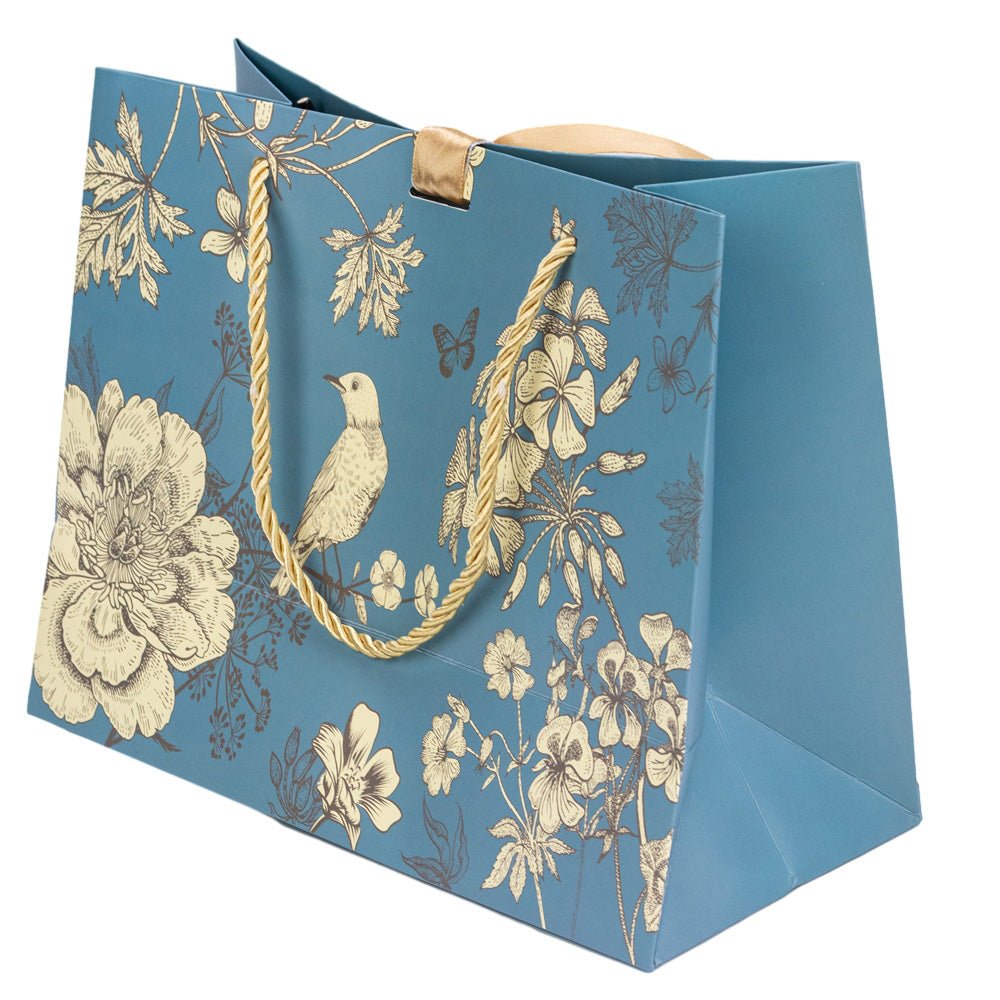 Pungă model floral cu 2 panglici colorate și mâner din sfoară - turcoaz (set 10 buc) 25x12x20cm