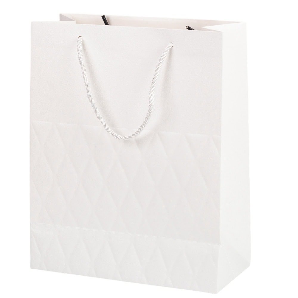 Pungi cadou cu mâner model fundă și romburi aurii 18x23x10cm - alb (set 12 buc)
