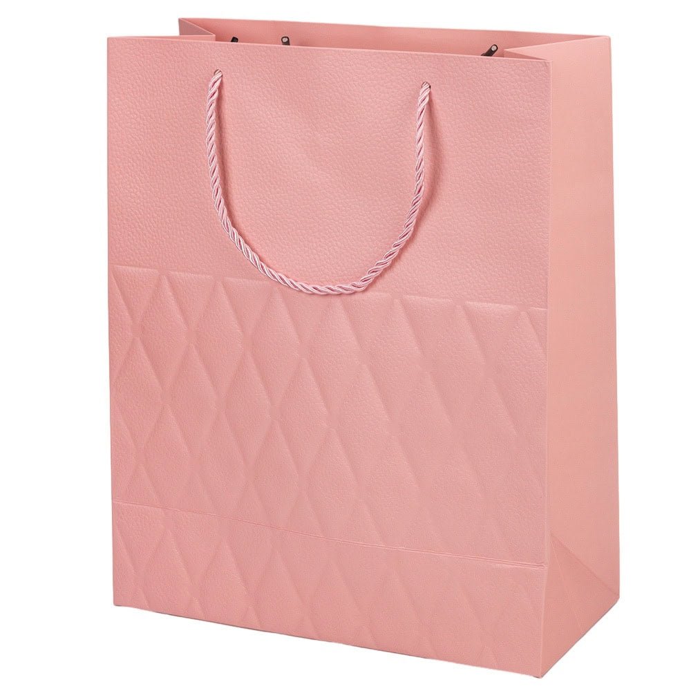 Pungi cadou cu mâner model fundă și romburi aurii 26x32x12cm - roz (set 12 buc)