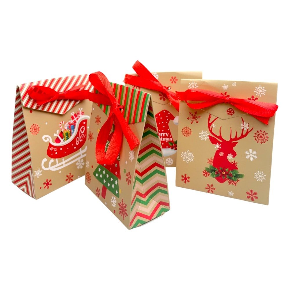 Pungi Crăciun cu panglică satin mix 4 modele (set 24 buc) 4x8x10cm