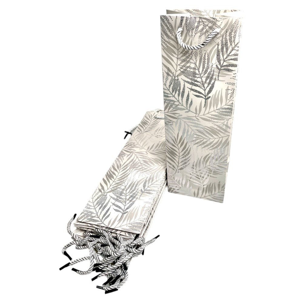 Pungi din hârtie pentru sticle model frunze - argintiu (set 12 buc) 36x9x12cm