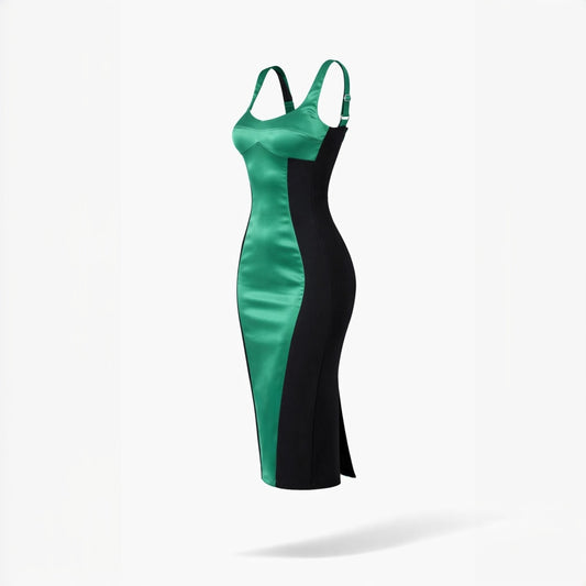 Rochie midi mulata cu insertie din satin verde Hannah