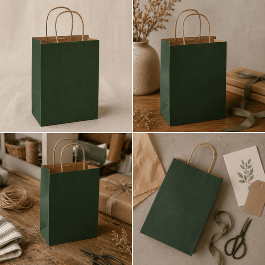 Sacoșe hârtie cu mâner răsucit - verde închis (set 12 buc)