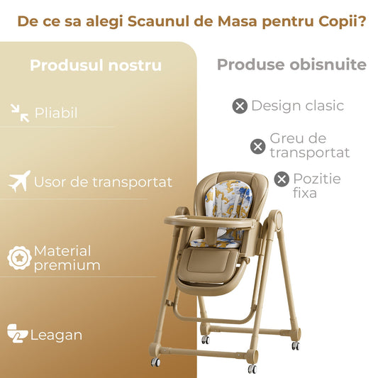 Scaun de masa pentru copii, Pliabil si usor de transportat, Reglaj 8 trepte, Bej