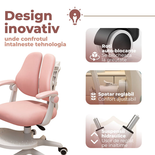 Scaun ergonomic copii 3-12 ani, Rglaj inaltime, Brate rabatabile, Roti auto-blocante, Roz