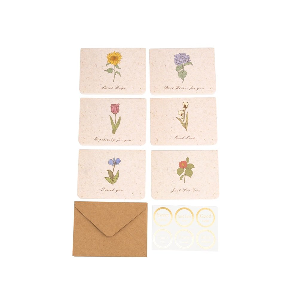 Set 6 felicitări diferite model floral cu text și sticker - bej