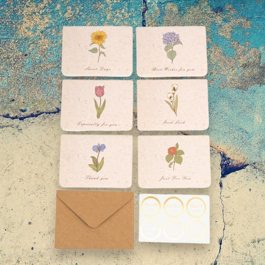 Set 6 felicitări diferite model floral cu text și sticker - bej