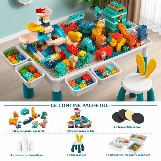 Masa Multifunctionala cu Piese Compatibile Lego Duplo, Set 61x41cm cu 442 Piese