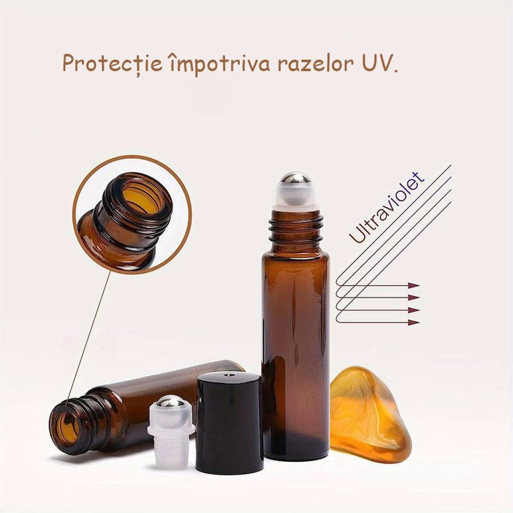 Sticluță ambră reutilizabilă cu roll on metalic și capac negru 10ml