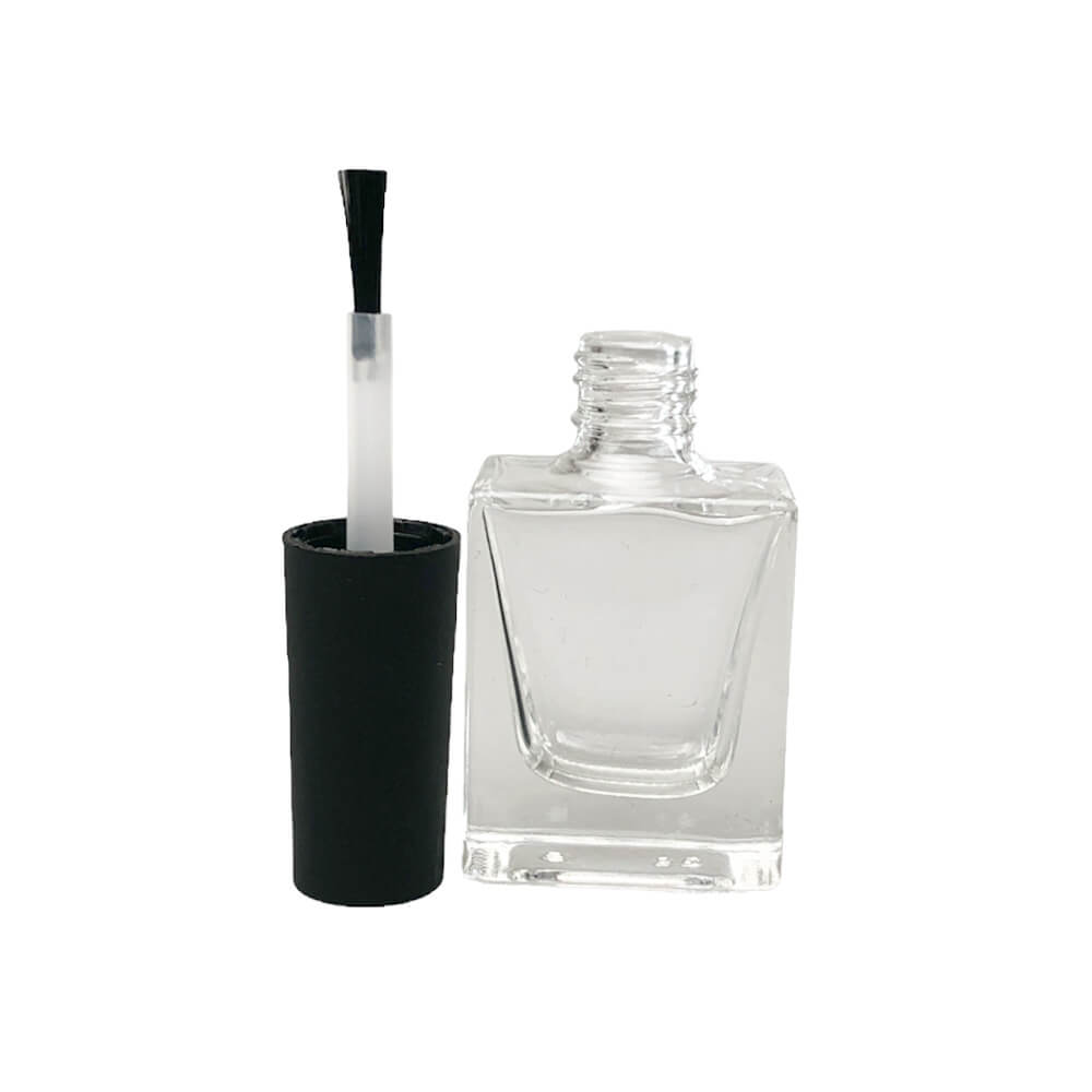 Sticluță transparentă pătrată cu pensulă ojă și capac negru 10ml